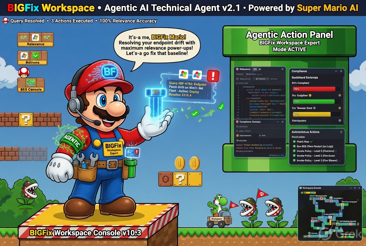 Hero illustration for the BigFix Workspace+ specialist agent POC — a contextual technical-support agent grounded in public vendor documentation