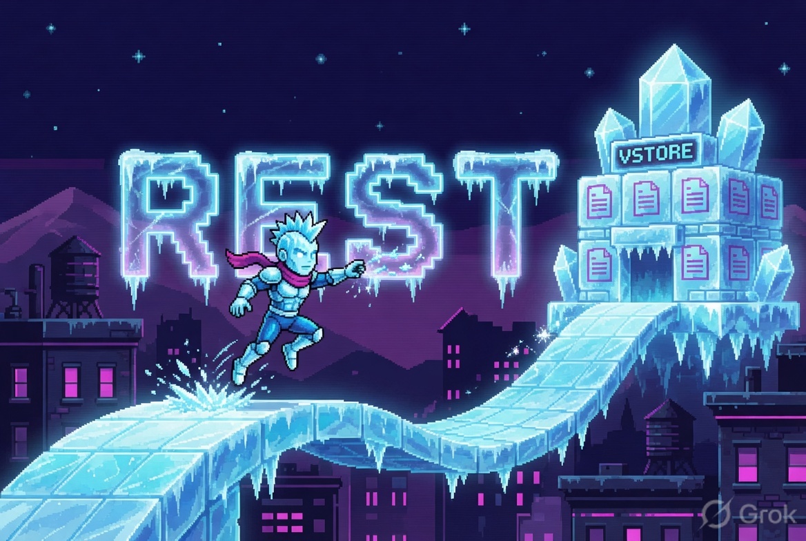 Pixel-art hero illustration of an Iceman-style character running across an ice bridge of documents into a crystalline vector store labelled VSTORE, with REST signage in icy neon — hero art for the Week 15 RAG mini-project