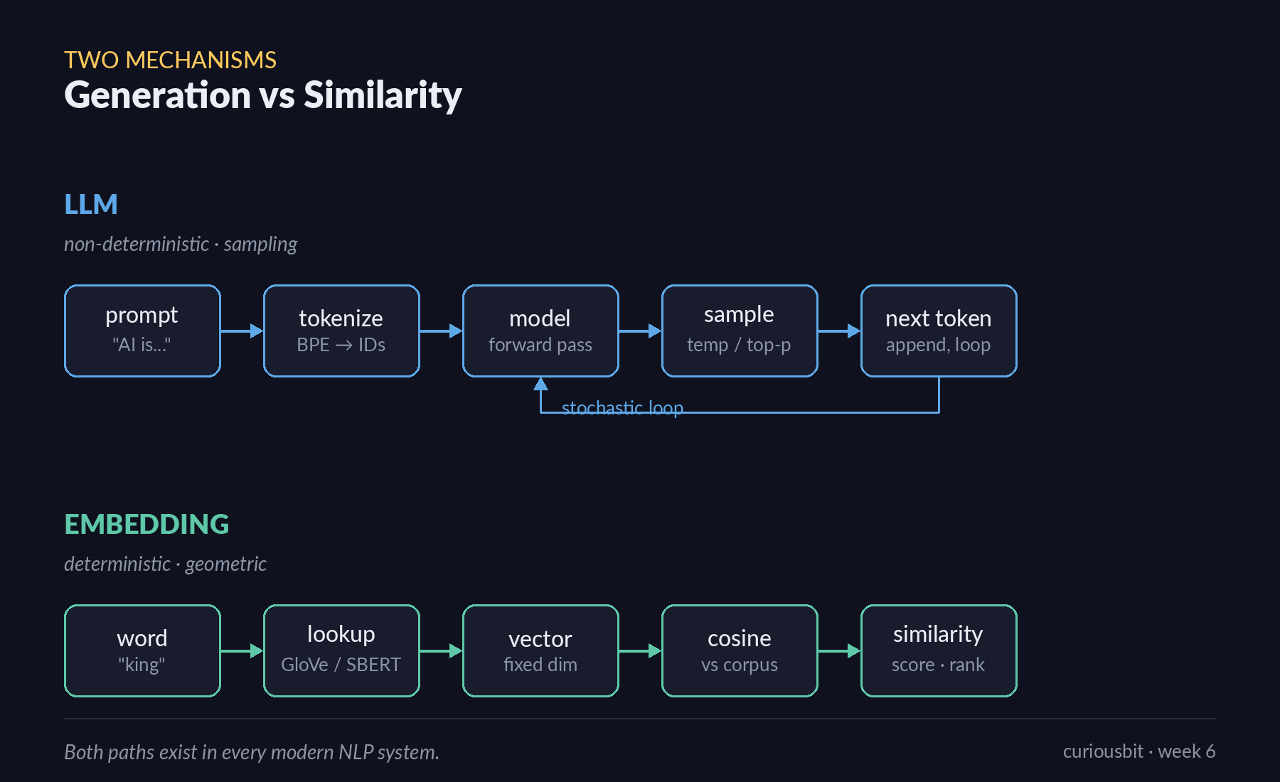 Two stacked flowcharts showing the LLM generation pipeline (prompt to tokenize to model to sample to next token, with a stochastic loop) and the embedding similarity pipeline (word to lookup to vector to cosine to similarity score)