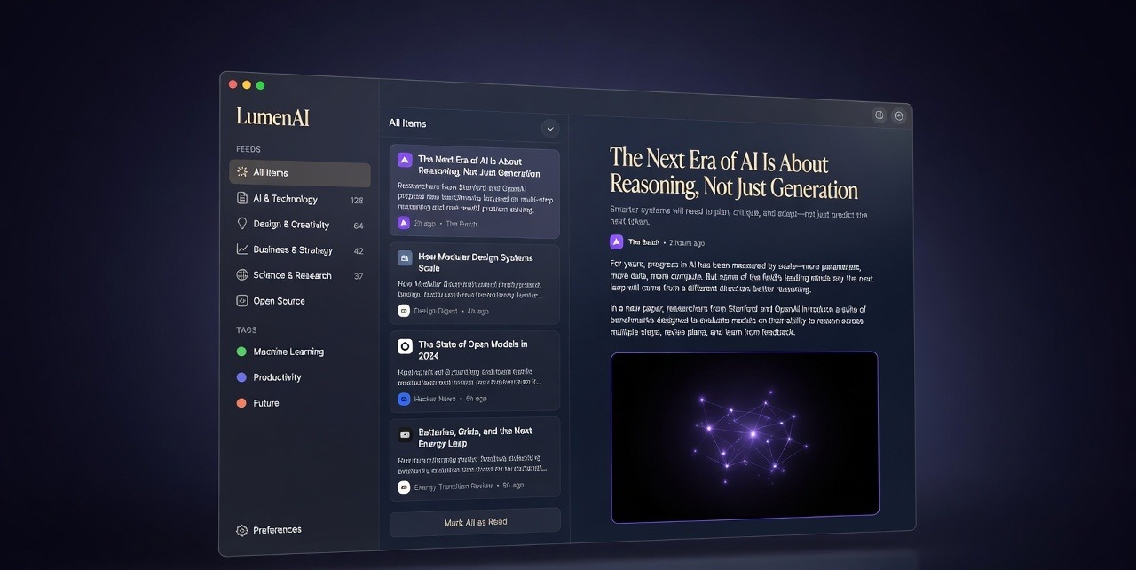 LumenAI — a local-first RSS reader for macOS with AI summaries, shown in a clean Apple-style product render