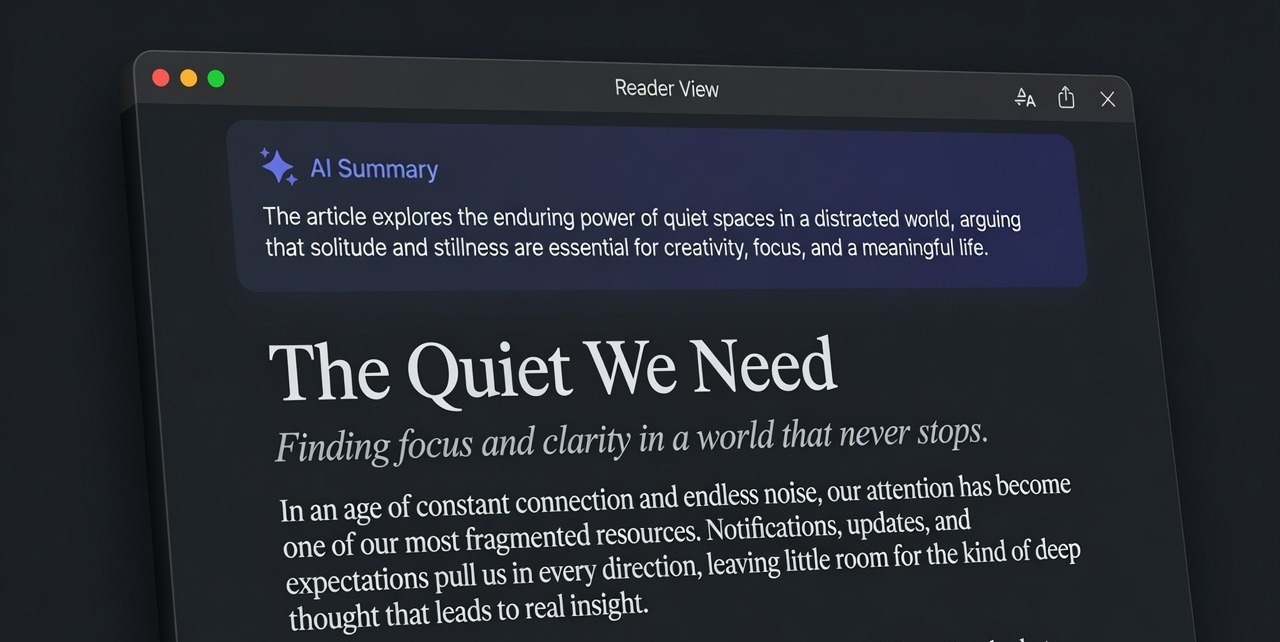 Reader view with the AI summary card above the article (concept render)