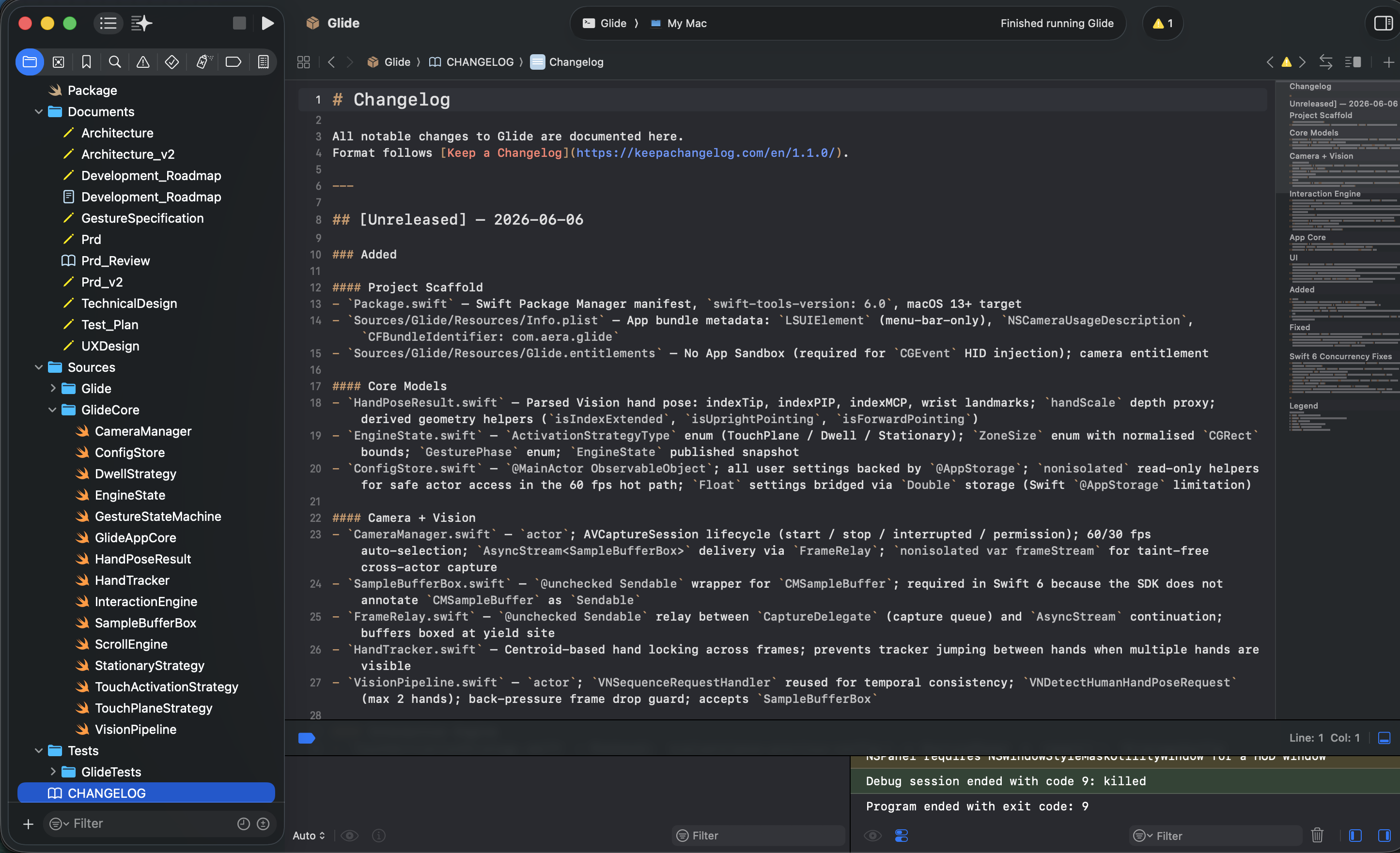 Xcode showing the Glide source tree and CHANGELOG.md