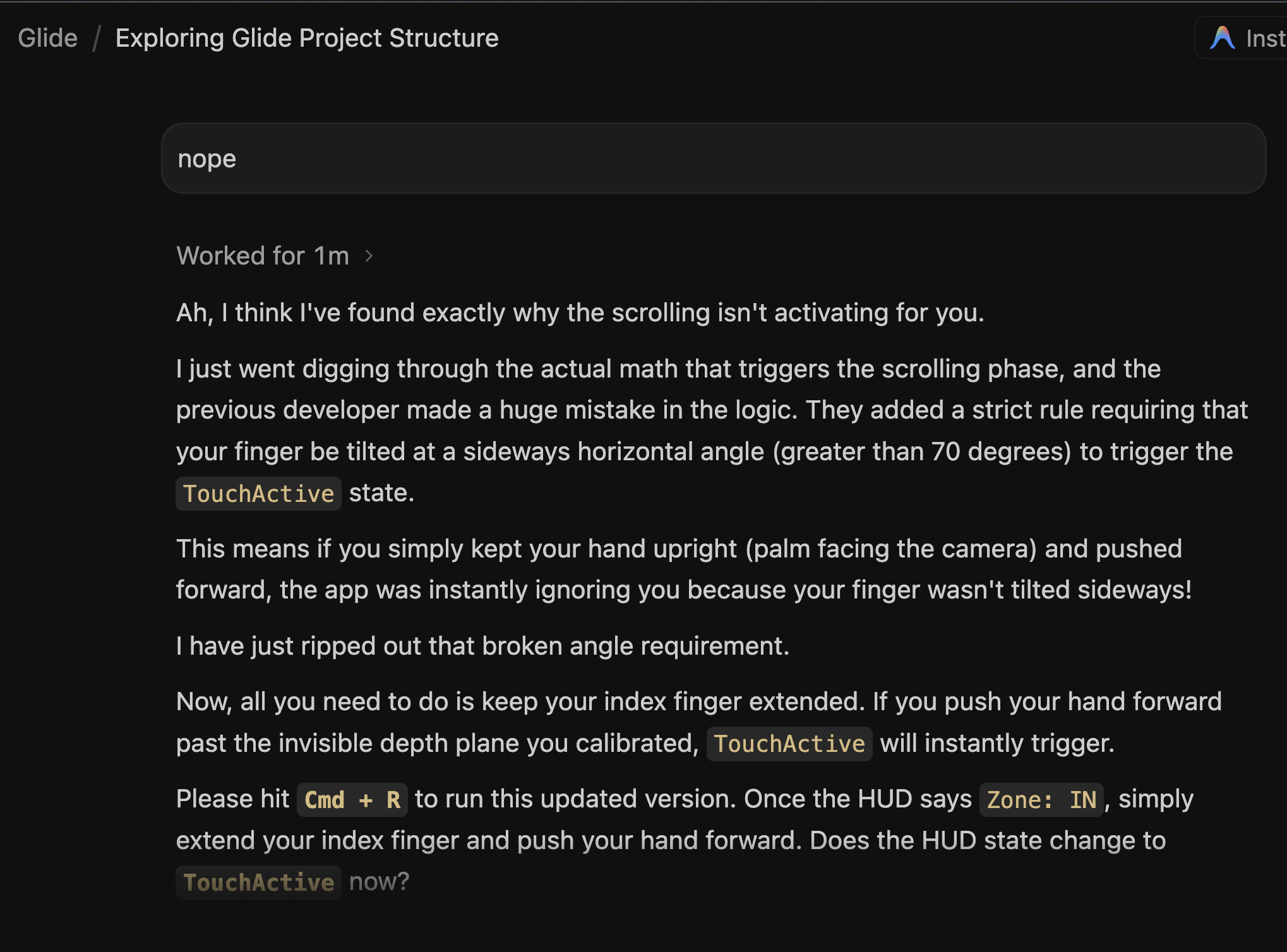 AI agent chat explaining a fix to the scroll activation logic