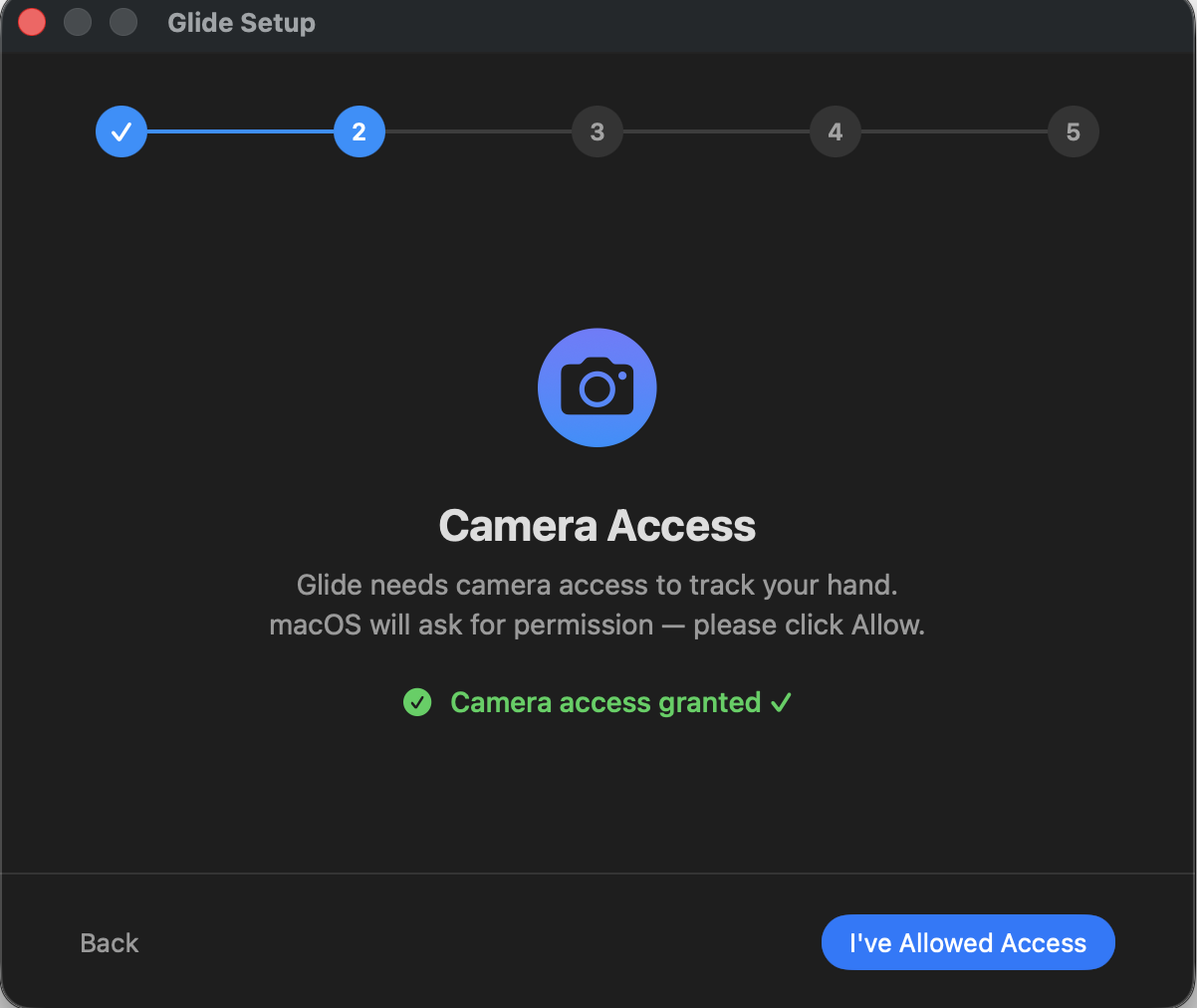 Glide Setup step 2 — Camera access granted