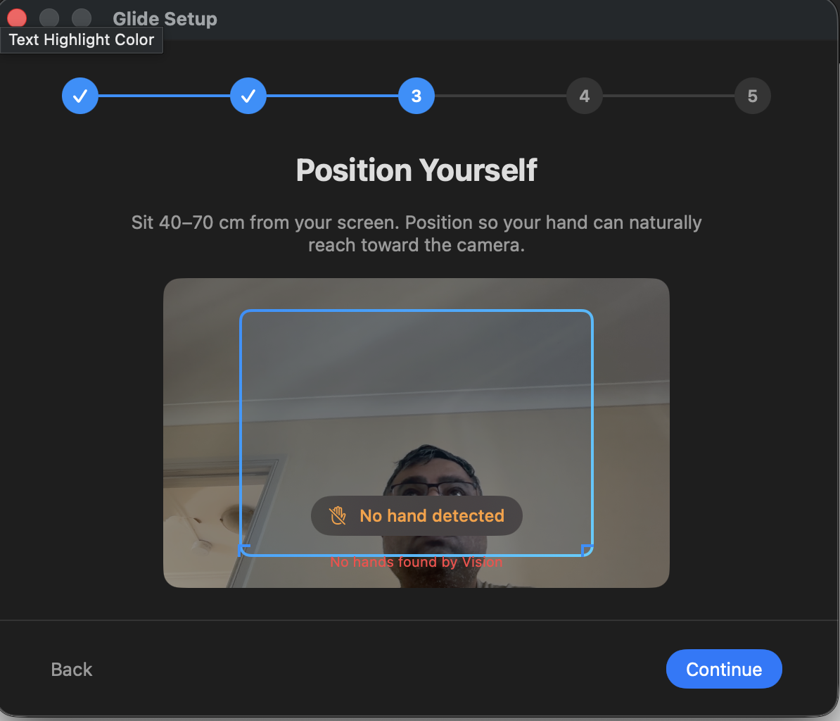 Glide Setup step 3 — Position yourself, camera preview