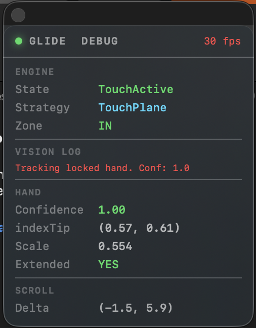 Glide debug HUD showing state, strategy and hand tracking values