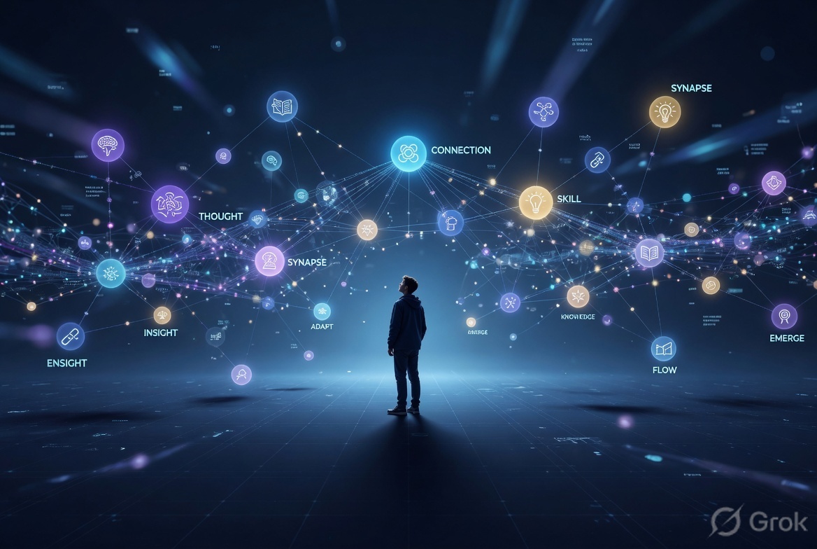 Human figure surrounded by glowing skill nodes in a futuristic digital landscape
