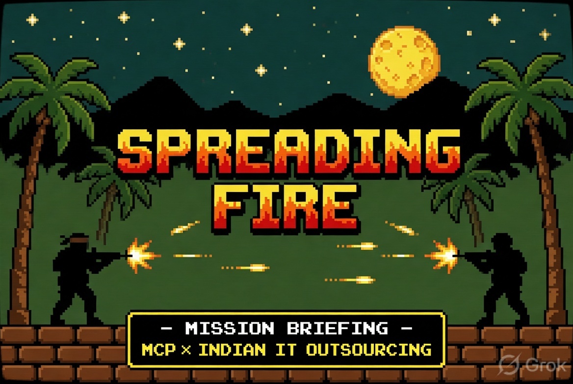 Contra-style mission briefing hero image — Indian IT infrastructure outsourcing meets MCP playbook