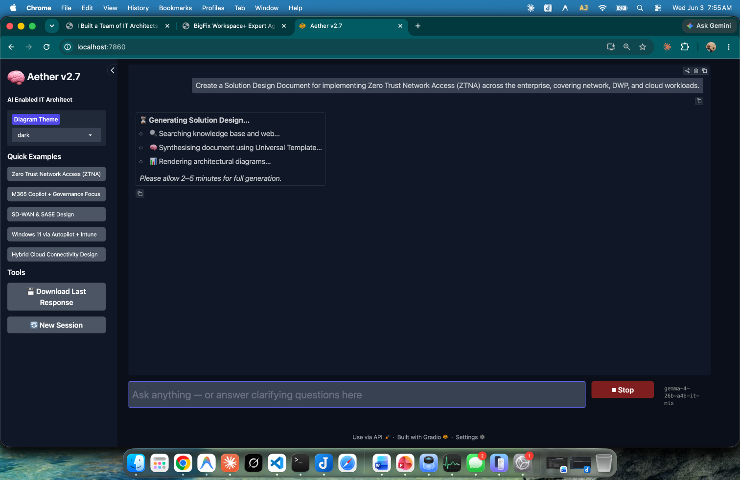 Aether Gradio chat UI generating a Zero Trust design document