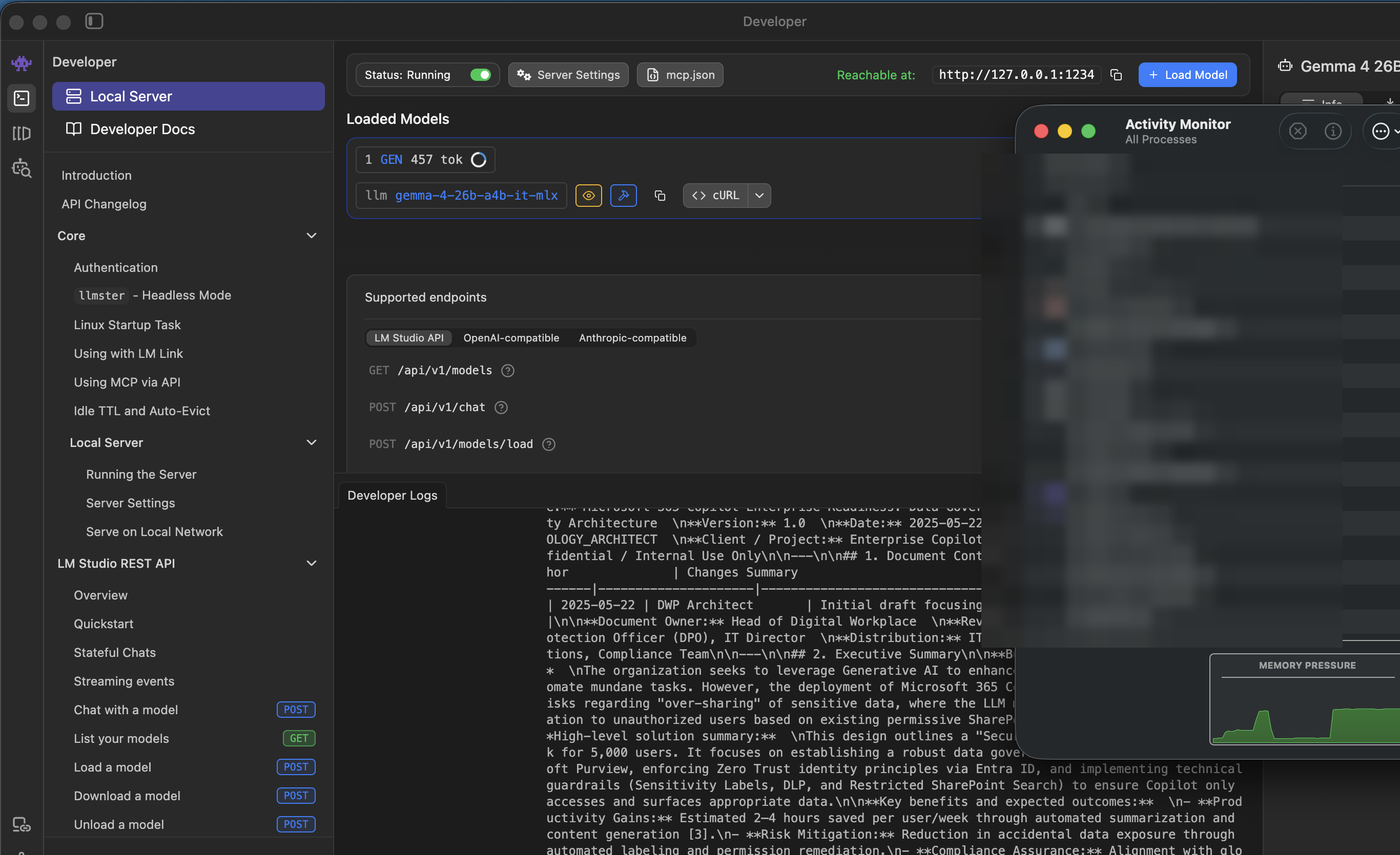 LM Studio local server with Gemma 4 26B loaded and developer logs streaming
