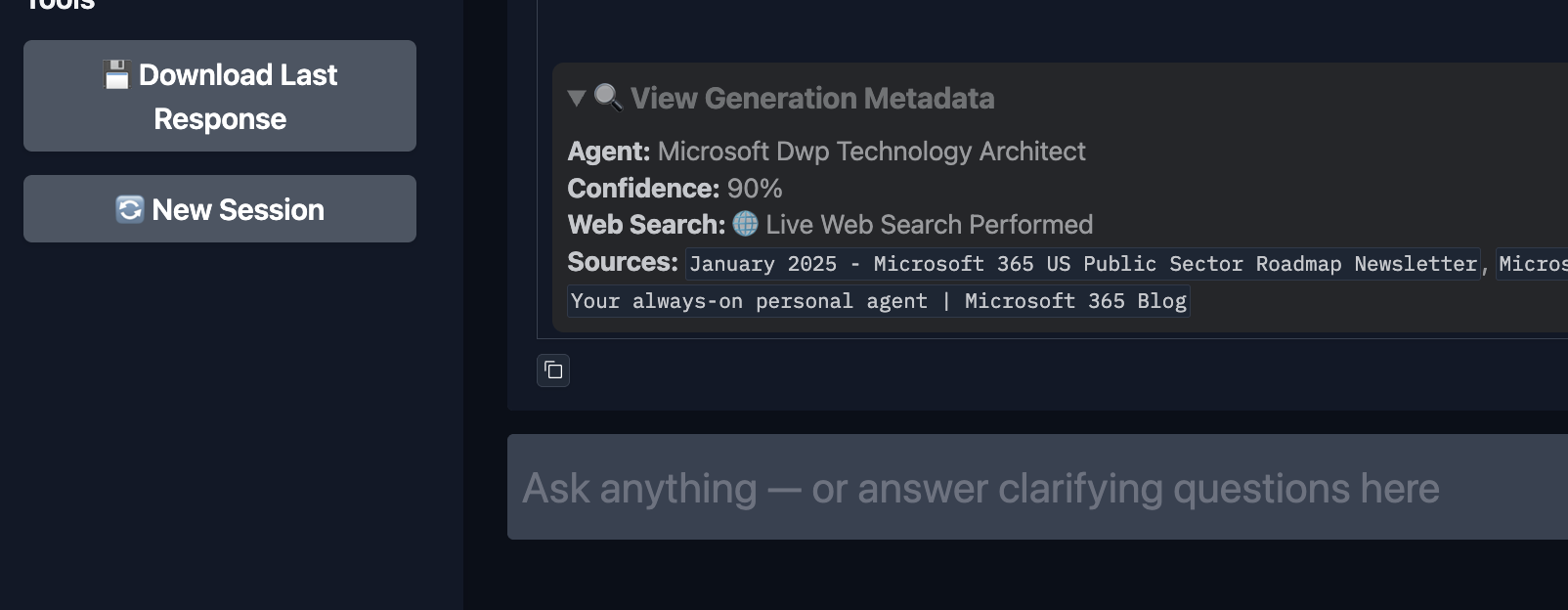 View Generation Metadata showing agent, 90% confidence and live web search