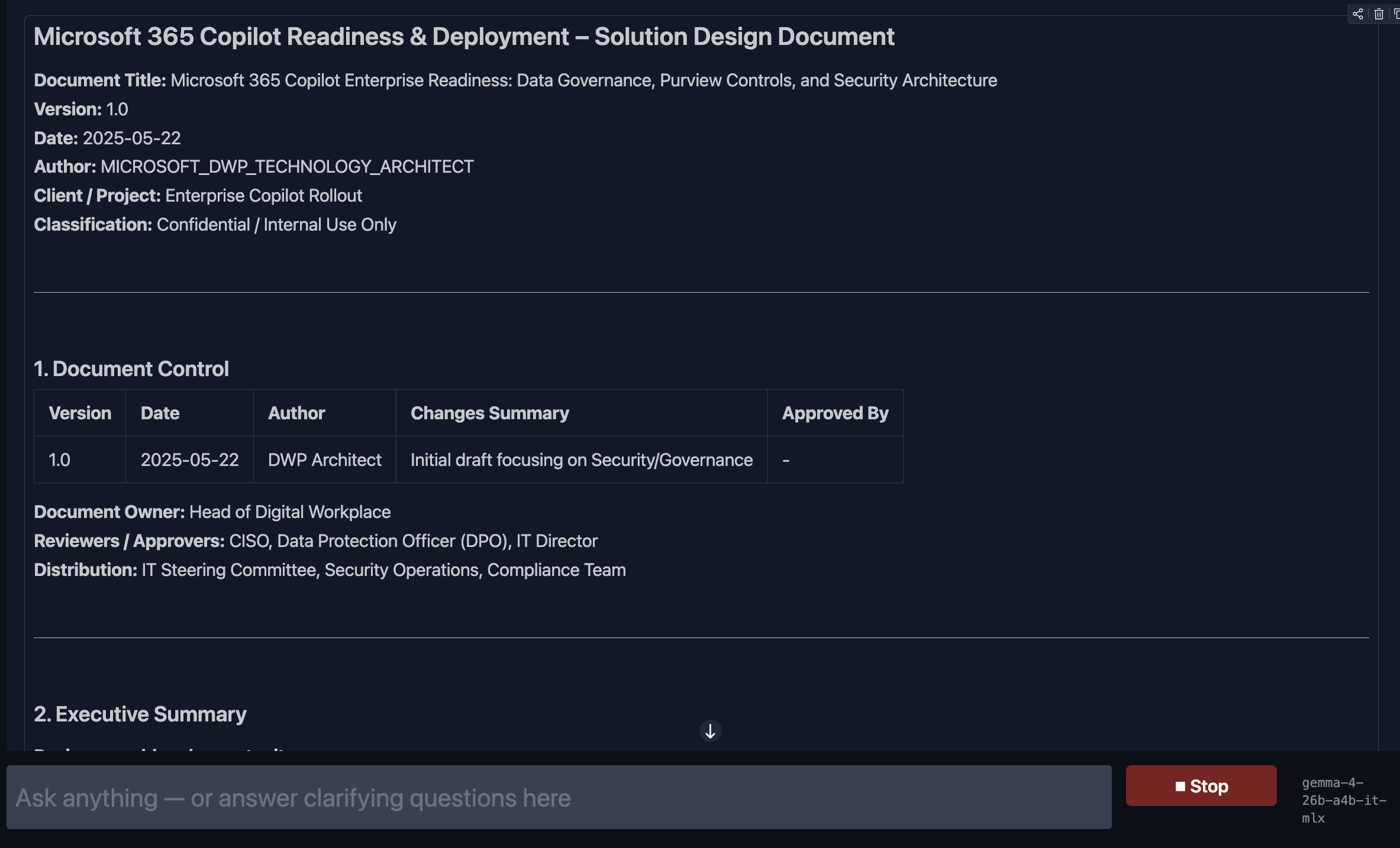 Generated Microsoft 365 Copilot Readiness solution design document with document control table