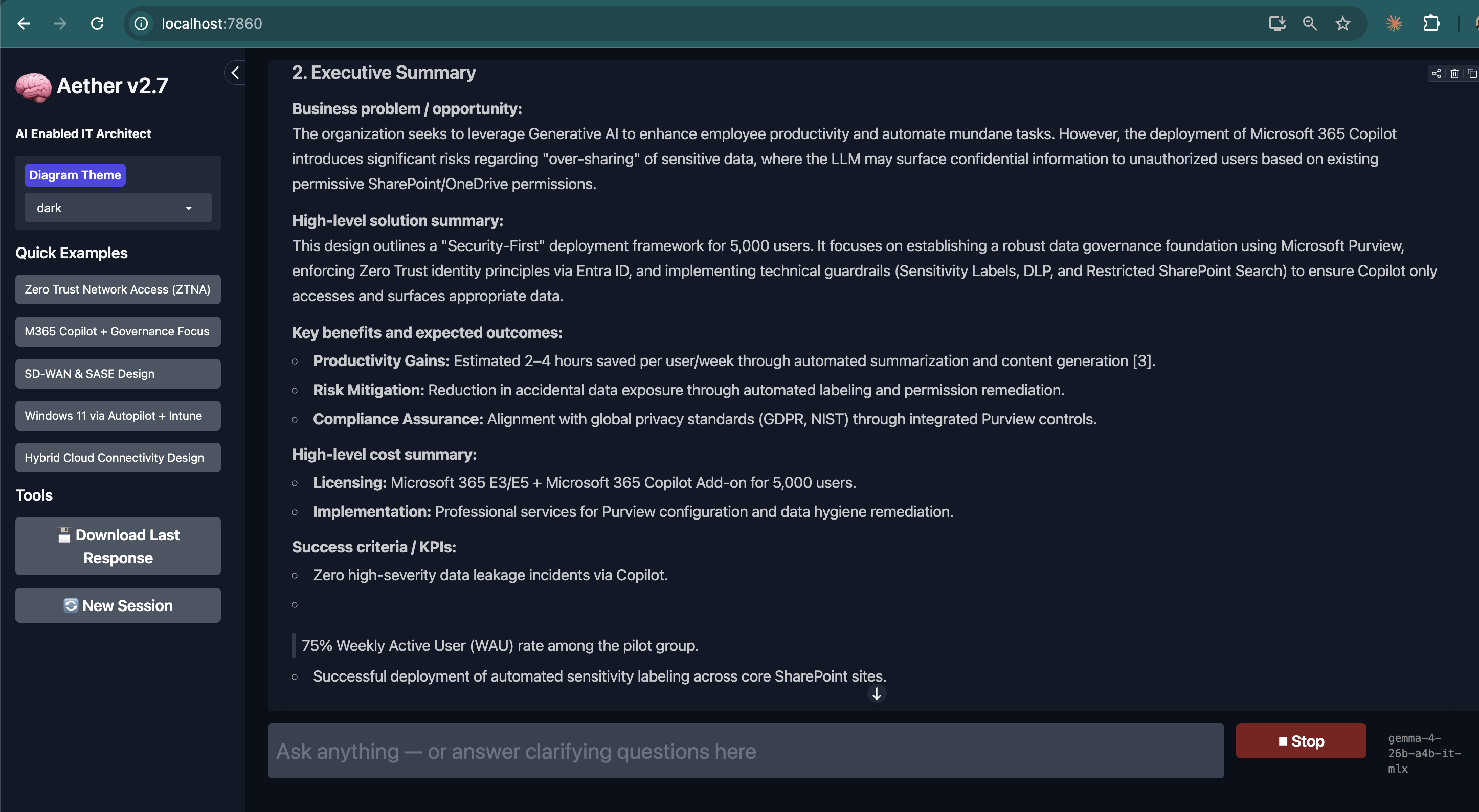 Executive Summary section of the generated Copilot design document