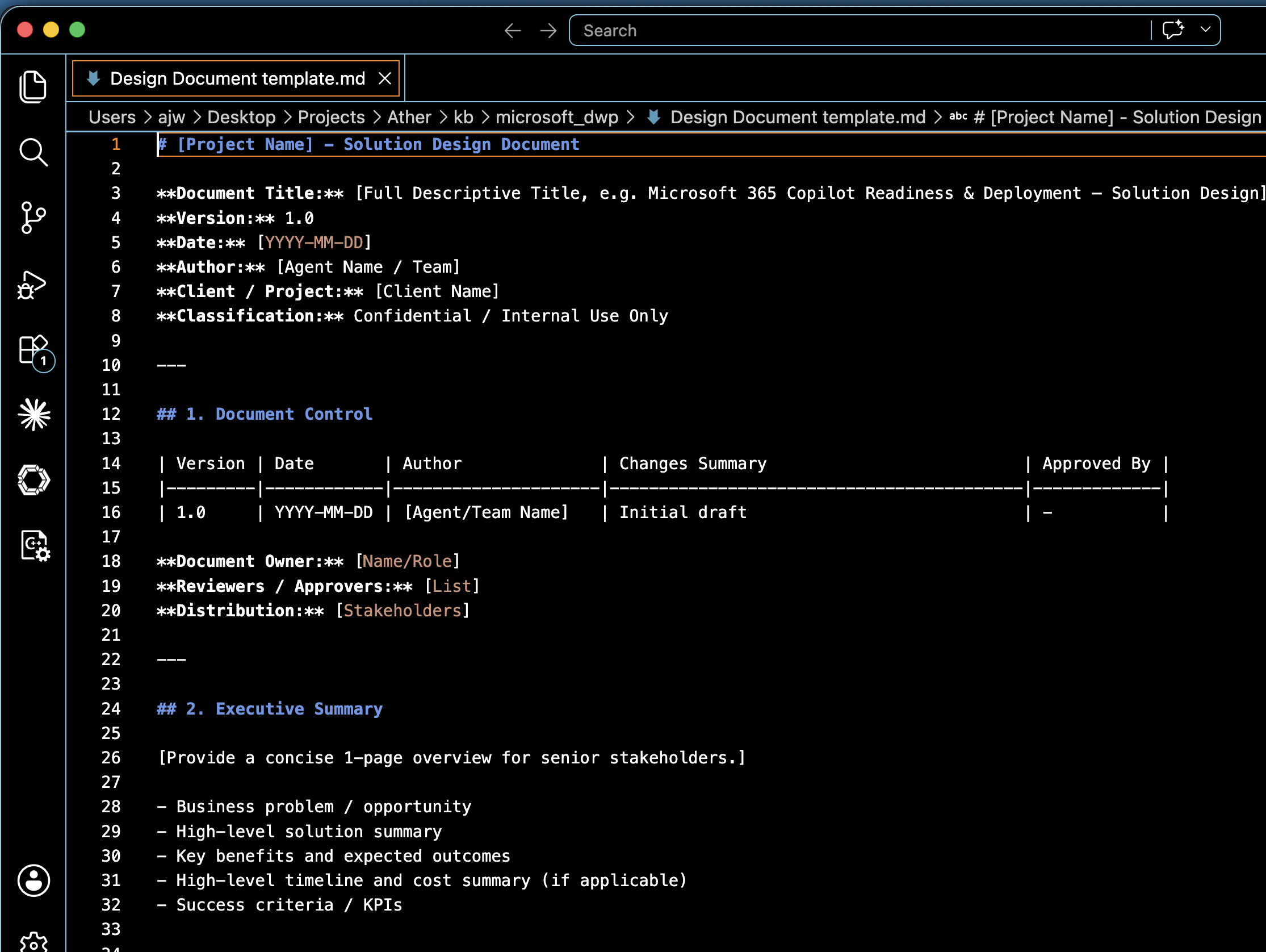 Universal Design Document template markdown open in an editor