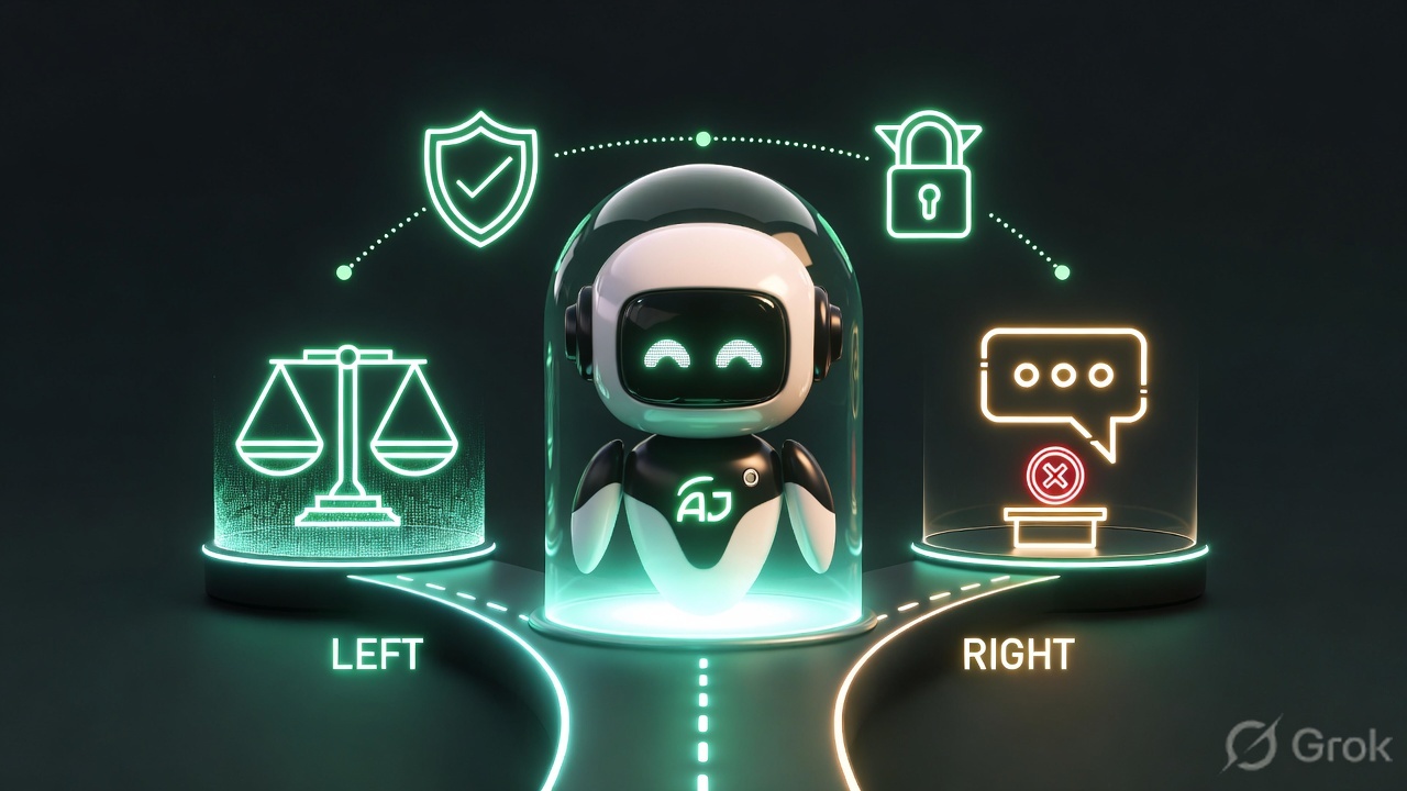 An AI agent at a crossroads between a courtroom and a hospital, neon infographic style