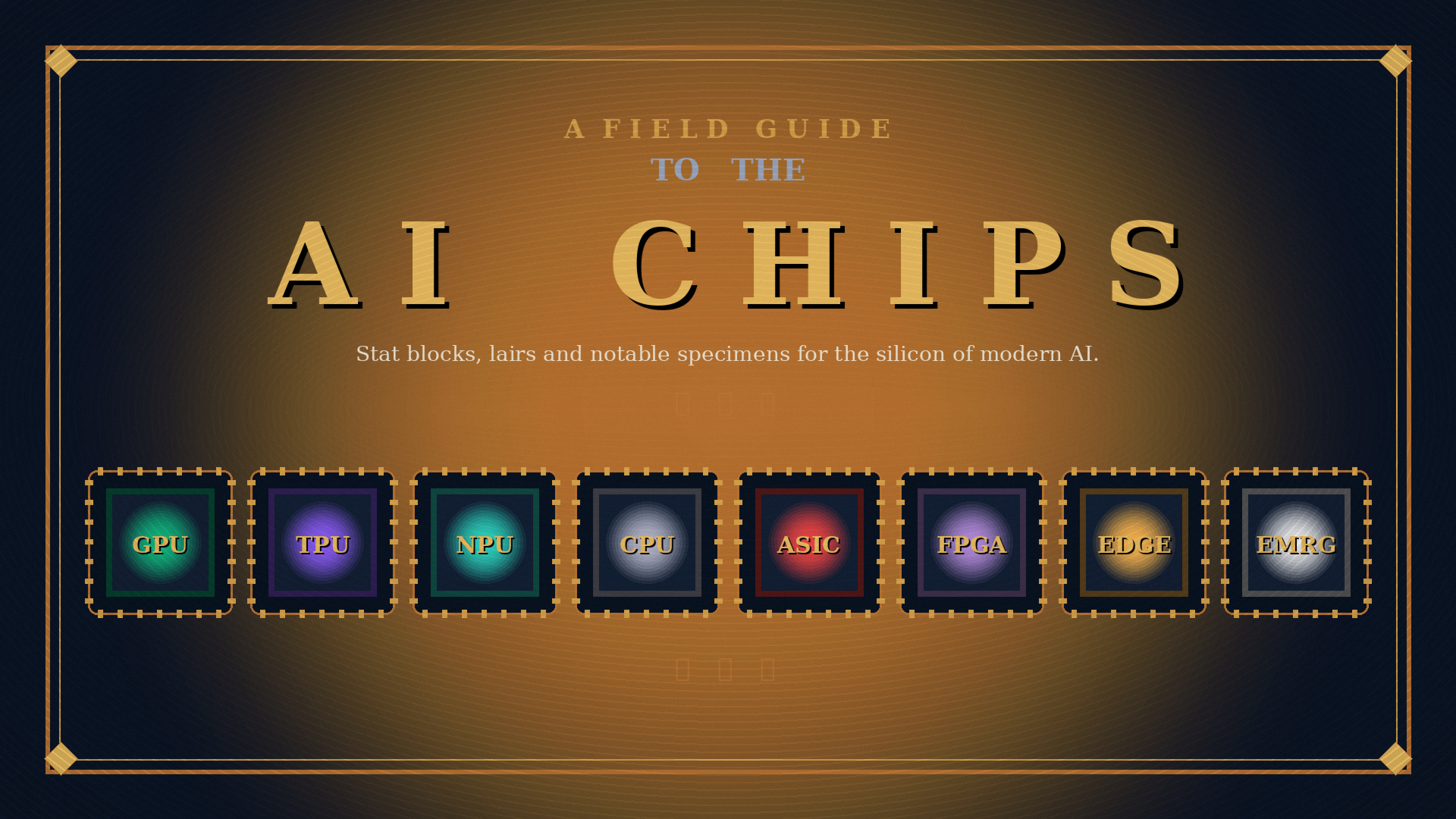 Painted field-guide cover showing eight stylised AI chip dies arrayed like specimens