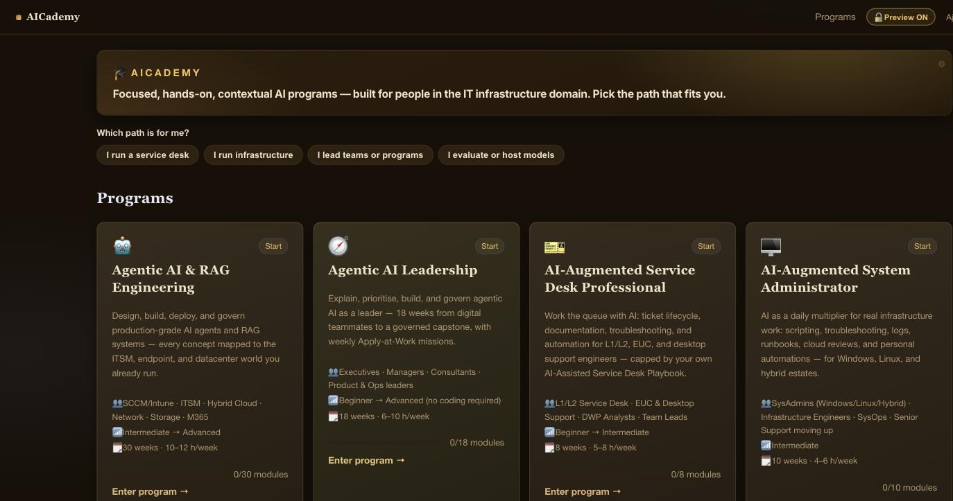 AICademy catalogue page with a 'Which path is for me?' chooser and programme cards