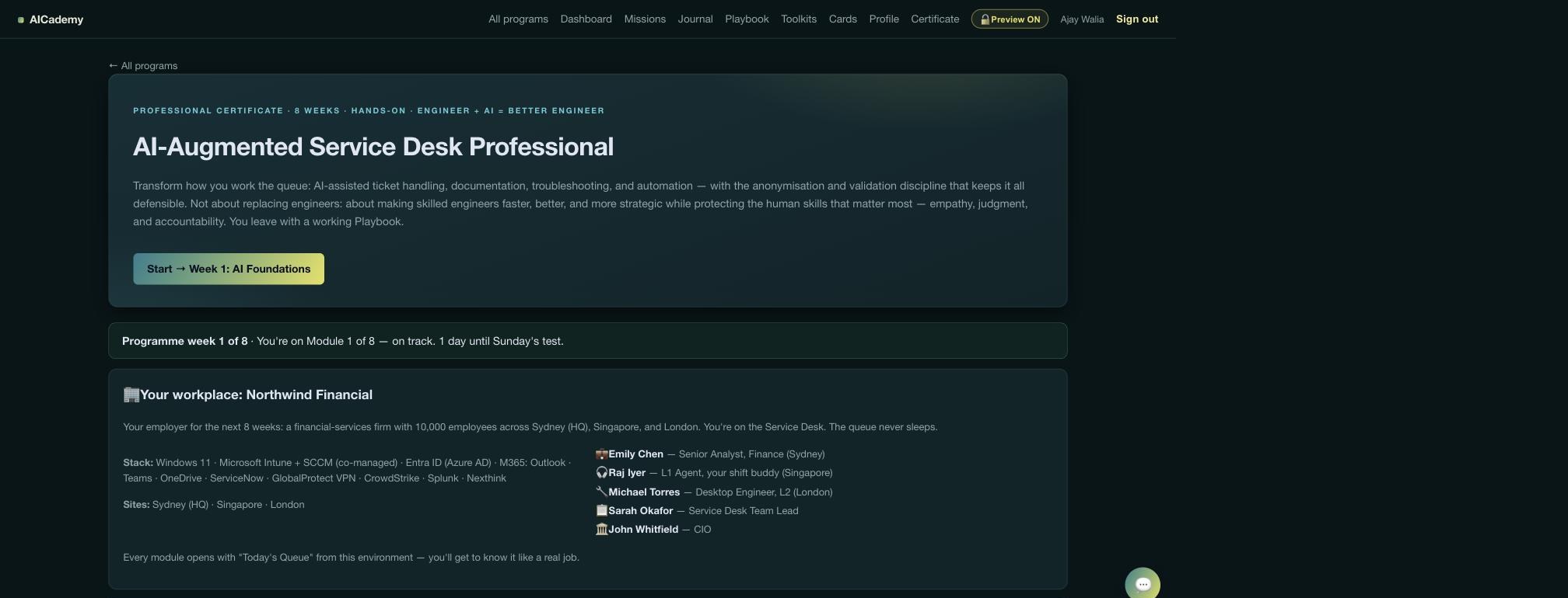 AICademy course dashboard showing 'Your workplace: Northwind Financial' with the supported stack, sites, and named colleagues