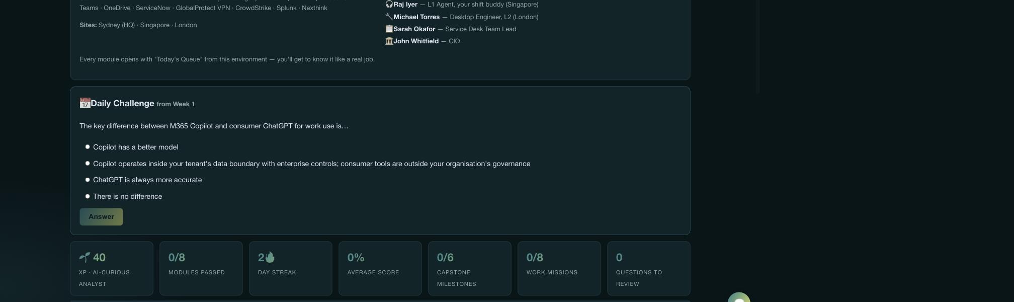 Daily challenge question and progress statistics including XP, rank, streak and capstone milestones
