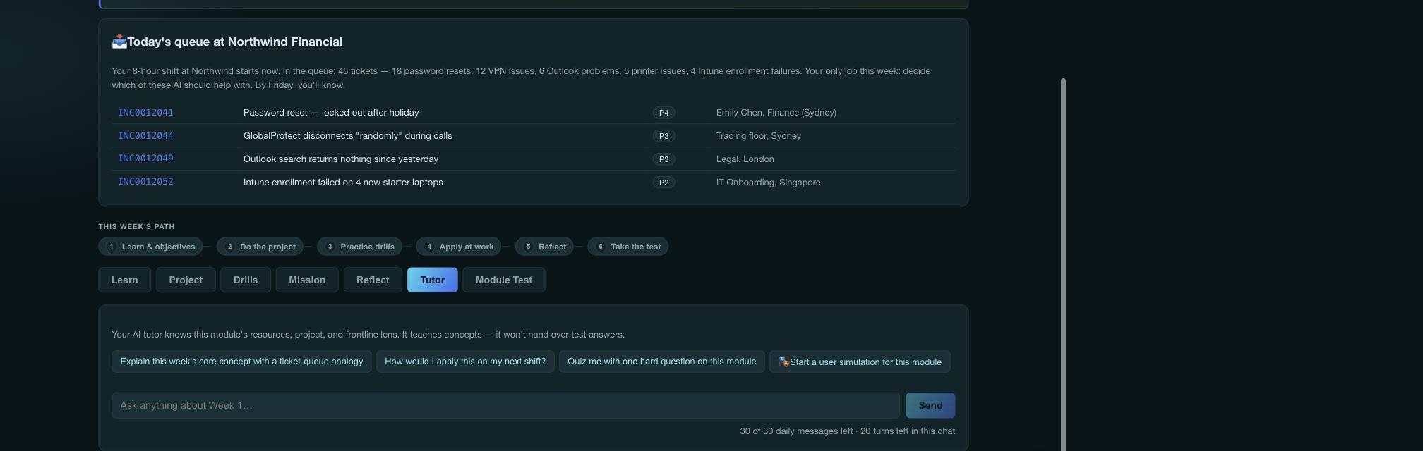 The module AI tutor with suggested prompts including a user simulation option