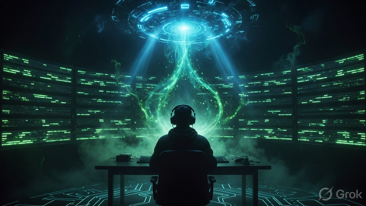 A night-shift infrastructure engineer at a glowing service desk, neon-green data flowing from the ticket queue into an AI core