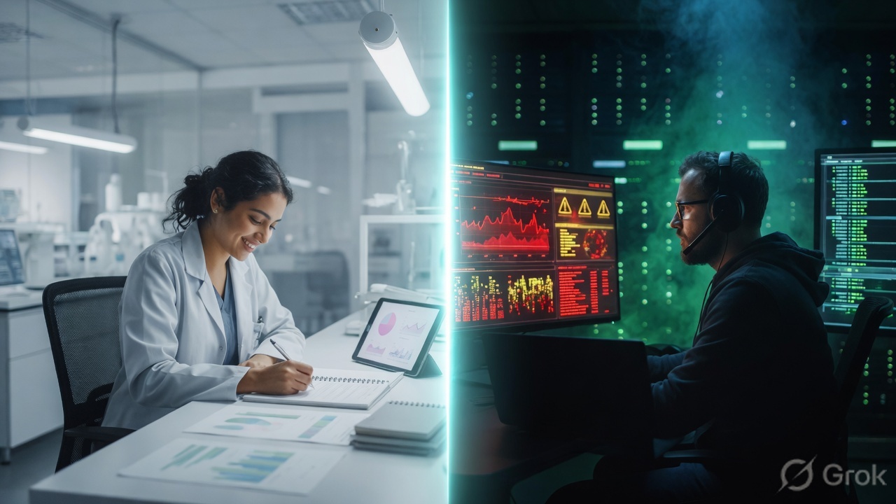 Split image: a data scientist in a bright lab on one side, a night-shift infrastructure engineer at a ticket queue on the other