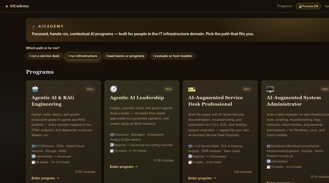The AICademy catalog with role chips above the course grid and 'I run infrastructure' selected