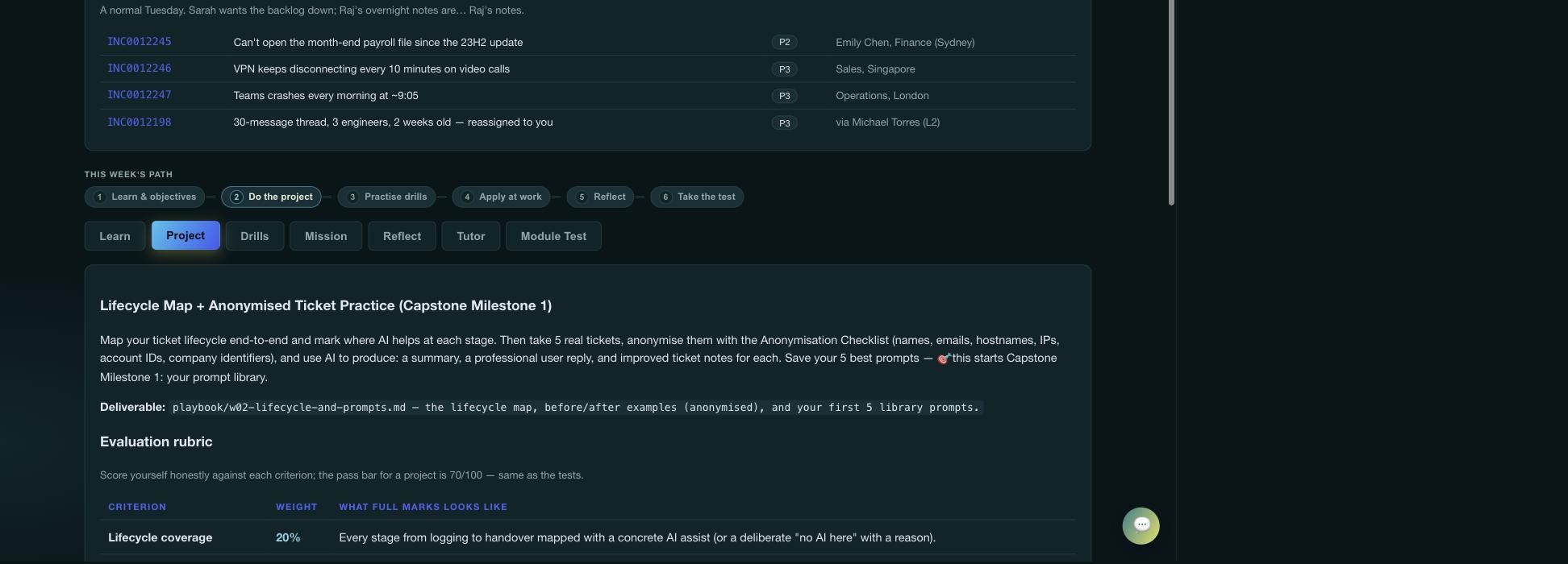 The module page showing a numbered 'This week's path' strip above the tab row