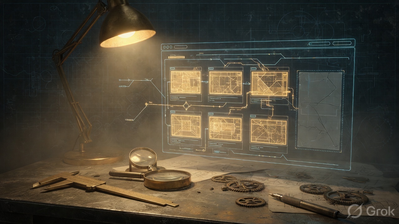 A brass-and-blueprint workshop bench where a glowing schematic of a website is being repaired, six panels lit and one left unfinished