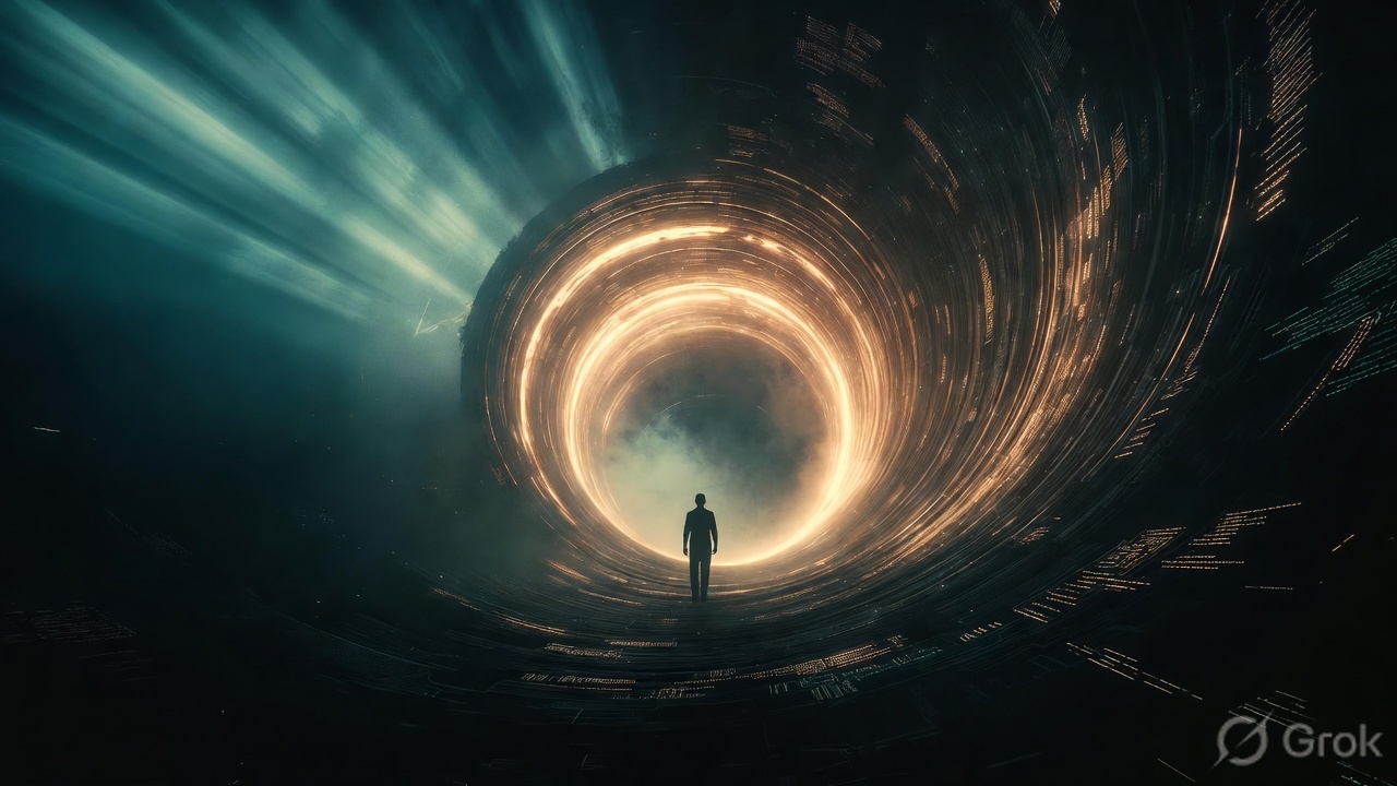 A lone IT professional walking toward a glowing golden spiral of light made of code — the AICademy learning paths