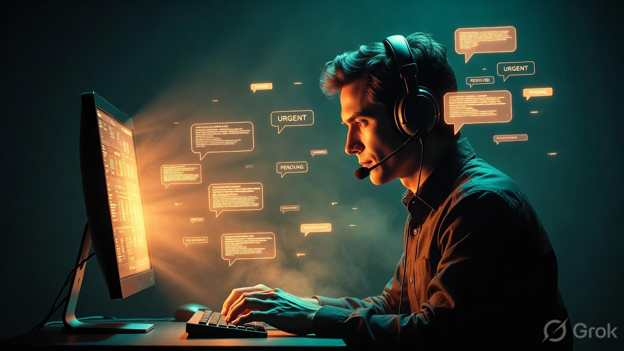 A service-desk engineer with a headset at a glowing workstation, holographic tickets floating in teal and gold light