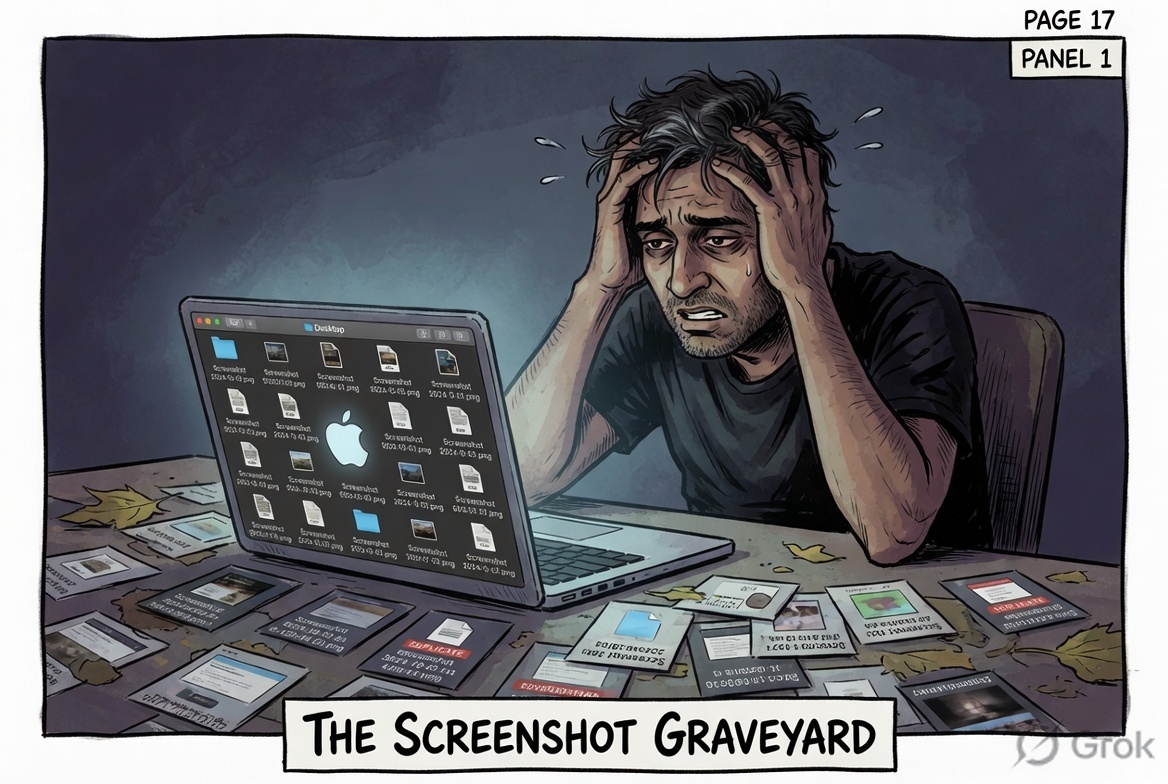 A frustrated developer staring at a macOS screenshot toolbar in indie comic style