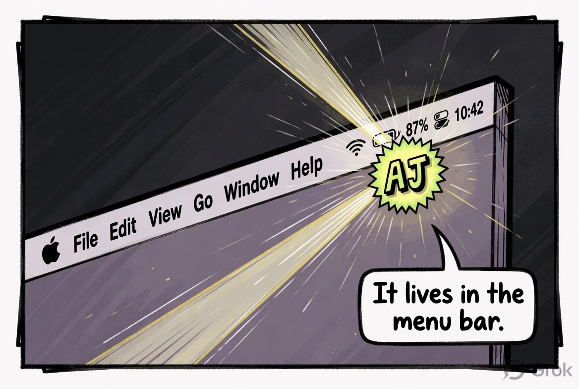 Panel 3 – The &ldquo;AJ&rdquo; badge appears in the menu bar
