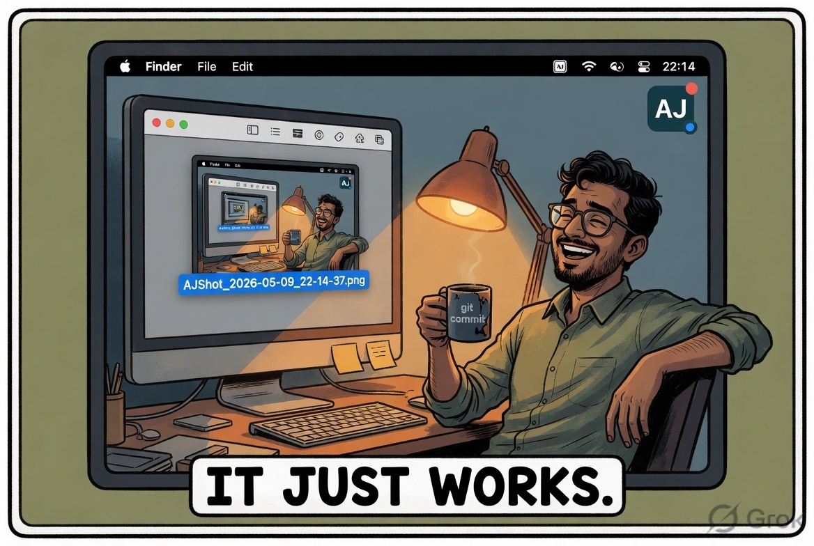 Panel 7 – &ldquo;It just works.&rdquo; The menu bar icon glows.