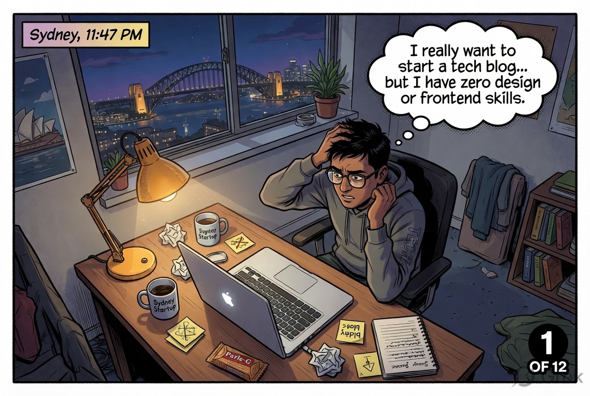 Ajay at his desk in Sydney wondering how to build a tech blog