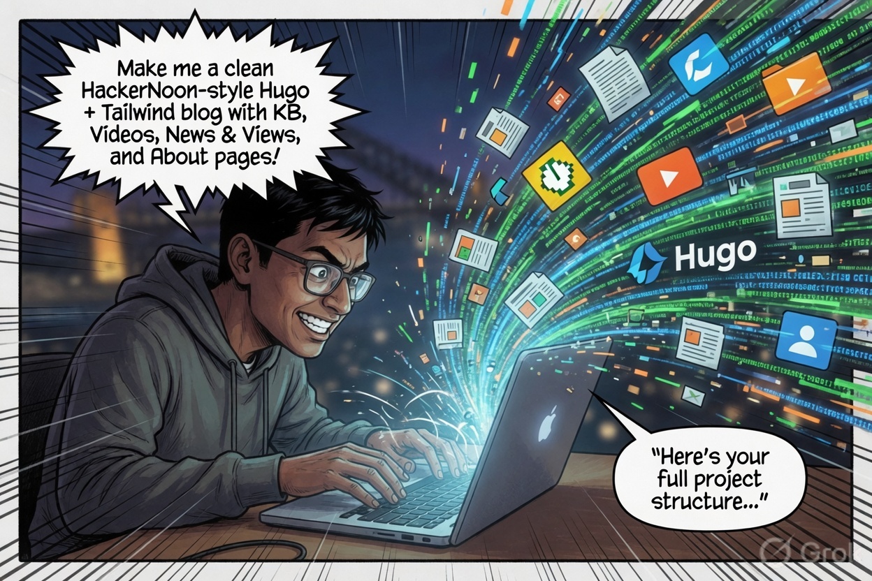 Panel 3 – The prompt fires. Hugo, Tailwind, and a full project structure come back.