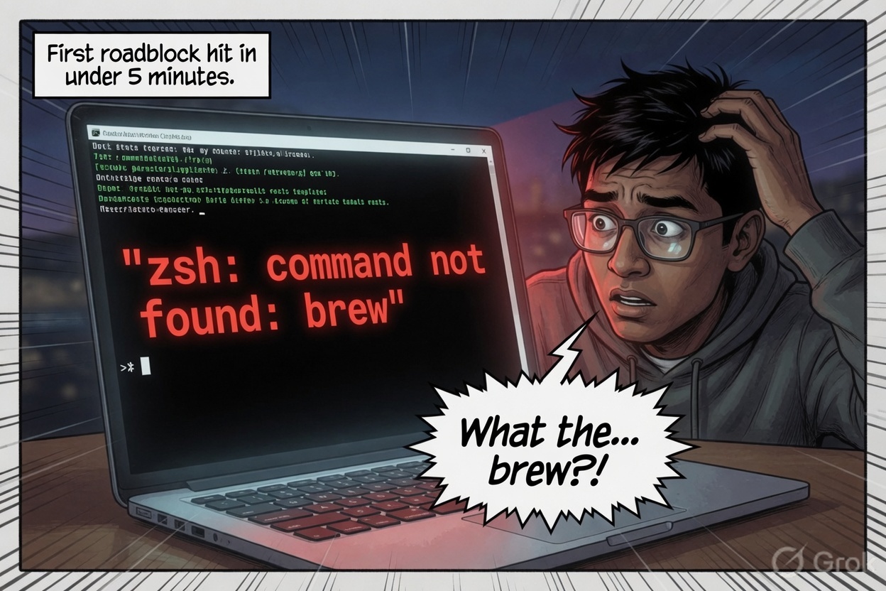 Panel 4 – zsh: command not found: brew. What the&mldr; brew?!