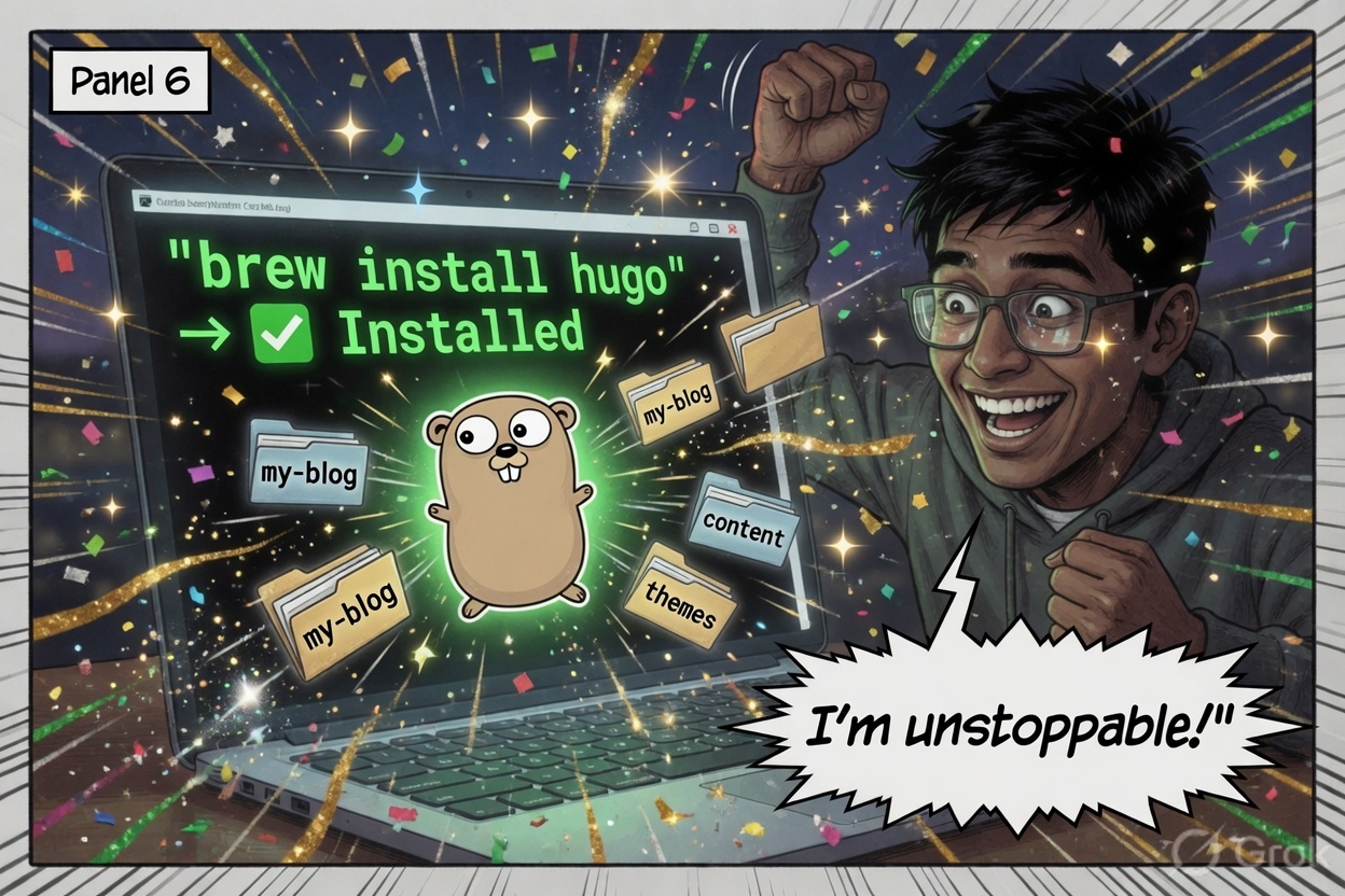 Panel 6 – brew install hugo → Installed. I&rsquo;m unstoppable!