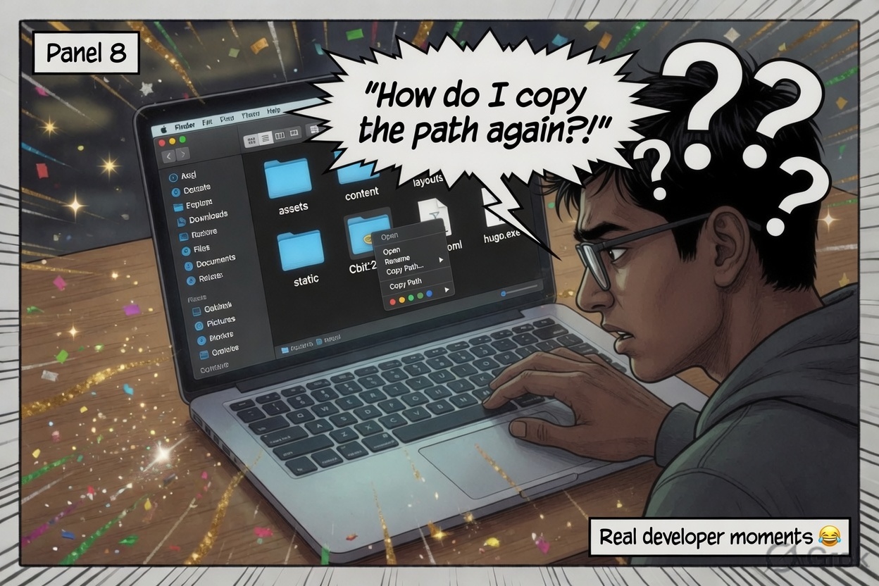 Panel 8 – How do I copy the path again?! Real developer moments.