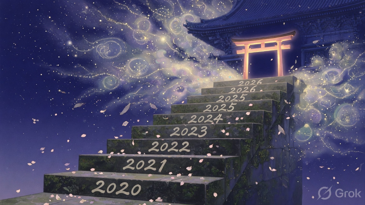 Six-step stone temple staircase ascending into a starlit sky
