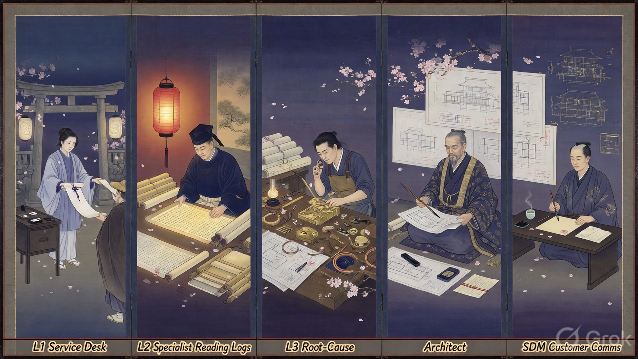 Nihonga-style illustration of five masked specialists seated around a low table at twilight — the swarm as a team