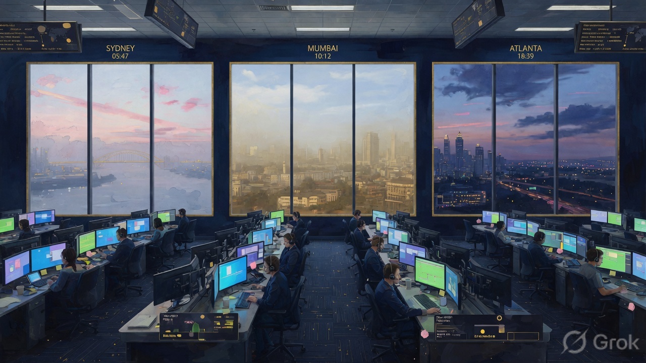 Atmospheric illustration of a 24×7 IT operations floor across three time zones