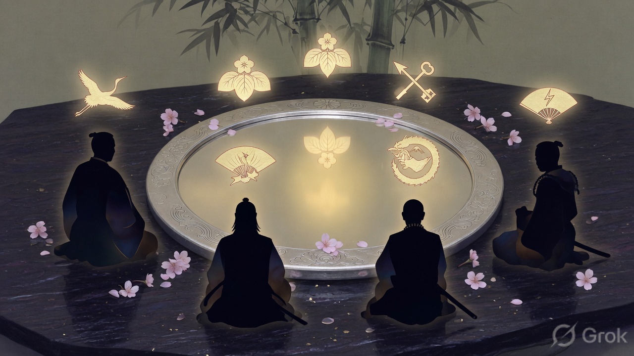 A Japanese silver mirror reflecting five human silhouettes as five glowing agent crests — the mirror principle made literal