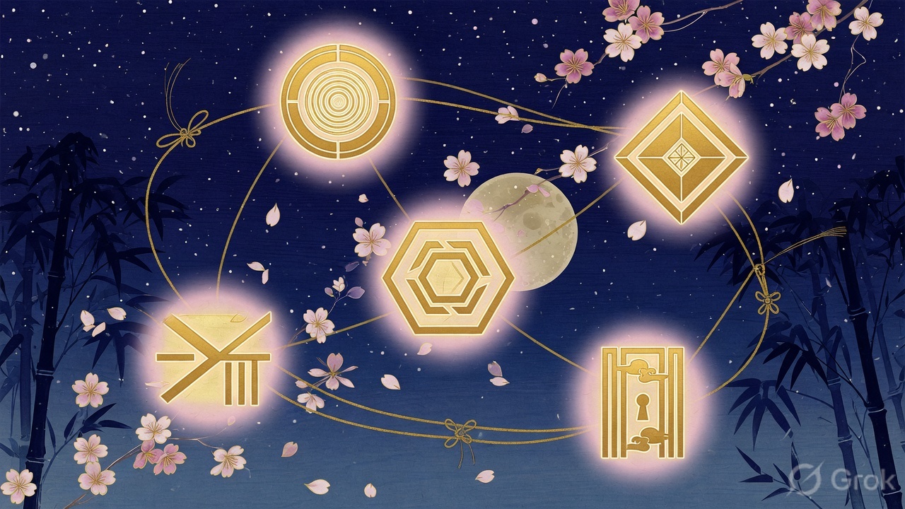 Nihonga-style illustration of five agent crests bound by gold cord — guardrails as composition