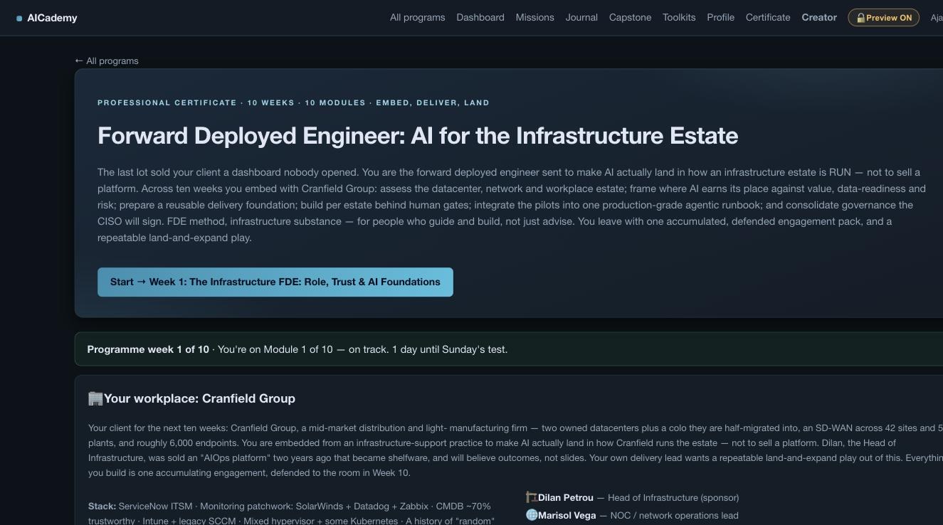 The Forward Deployed Engineer course dashboard on AICademy