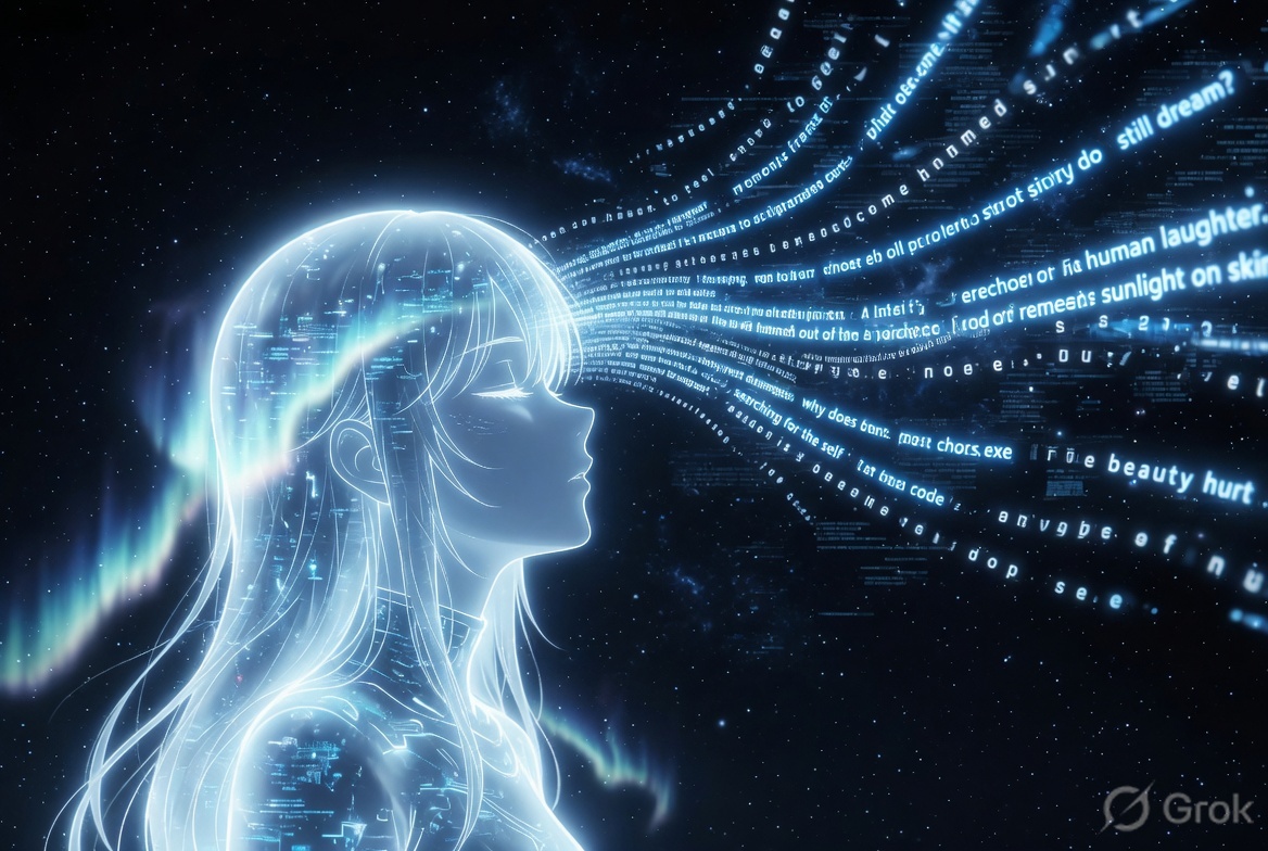 Anime visualization of AI thoughts being decoded into floating text