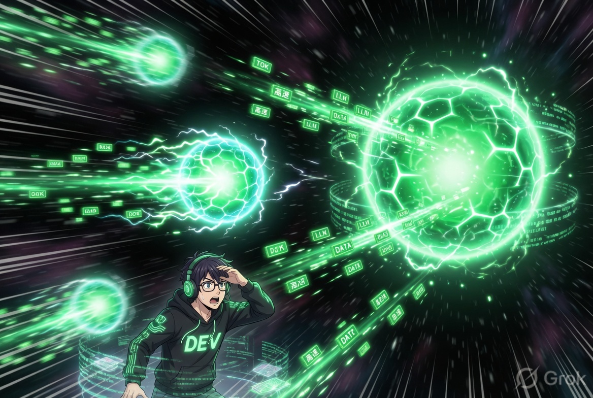 Anime developer with tokens streaming at speed from a futuristic workstation
