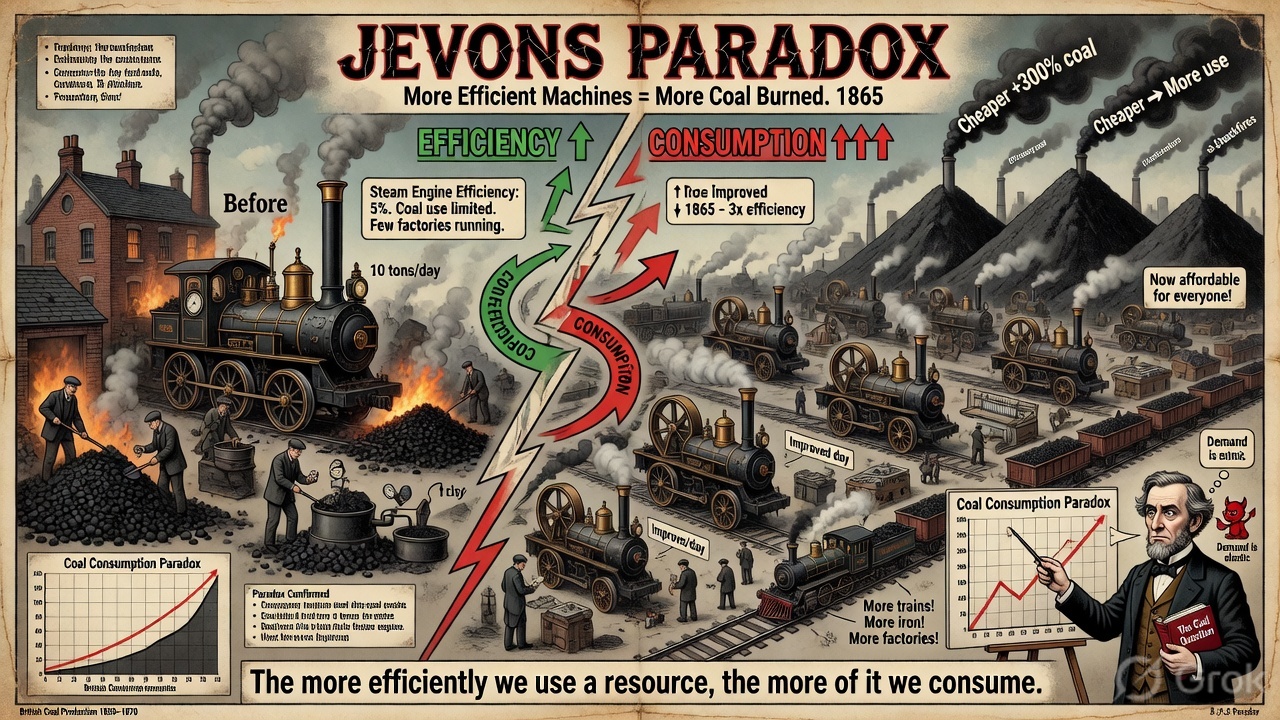 Jevons Paradox infographic — more efficient steam engines led to more coal consumption, not less. 1865.
