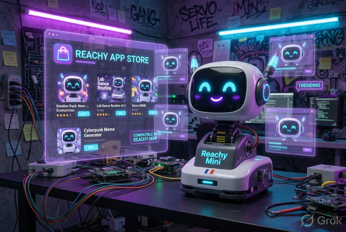 Reachy Mini desktop robot with holographic app store interface floating around it in a cyberpunk lab setting