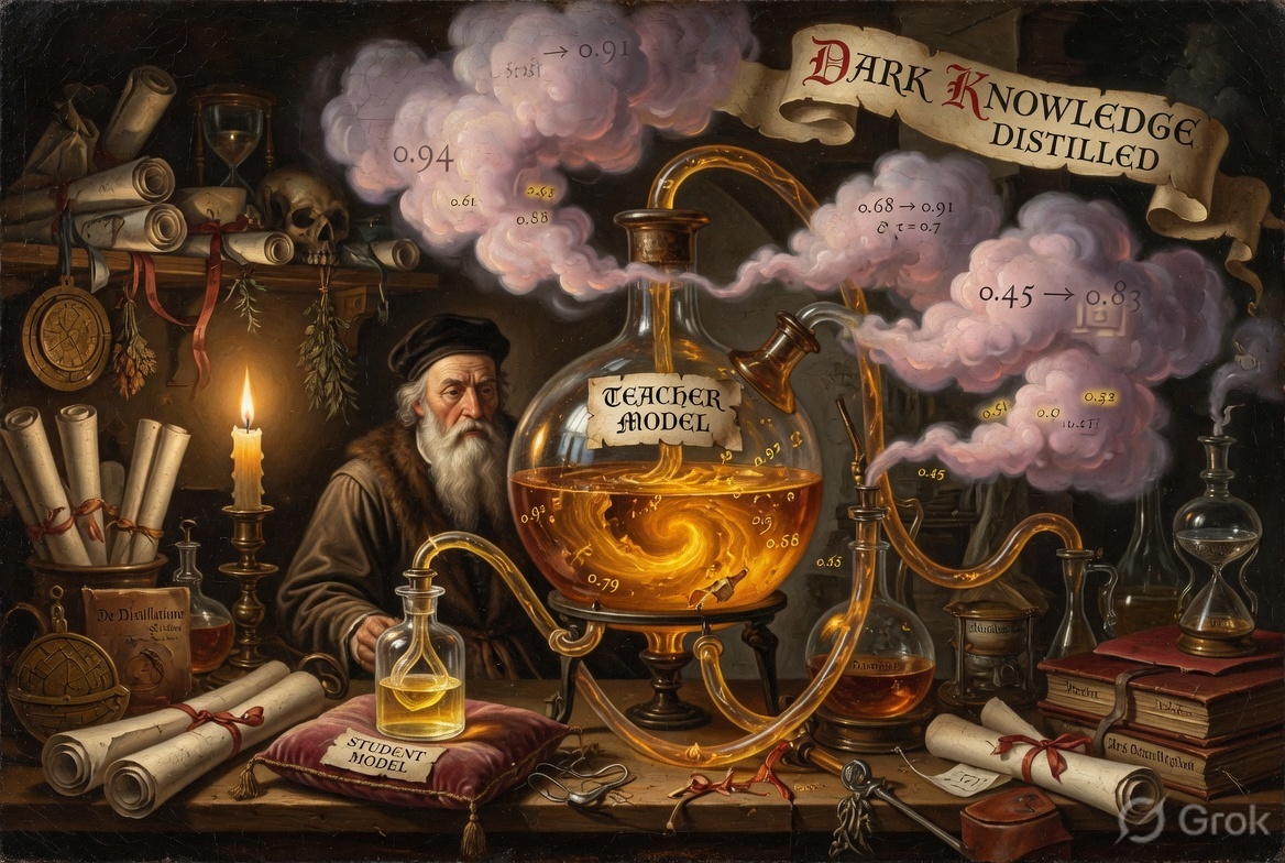 A Flemish alchemist distils the essence of a massive Teacher Model flask into a tiny Student Model vial